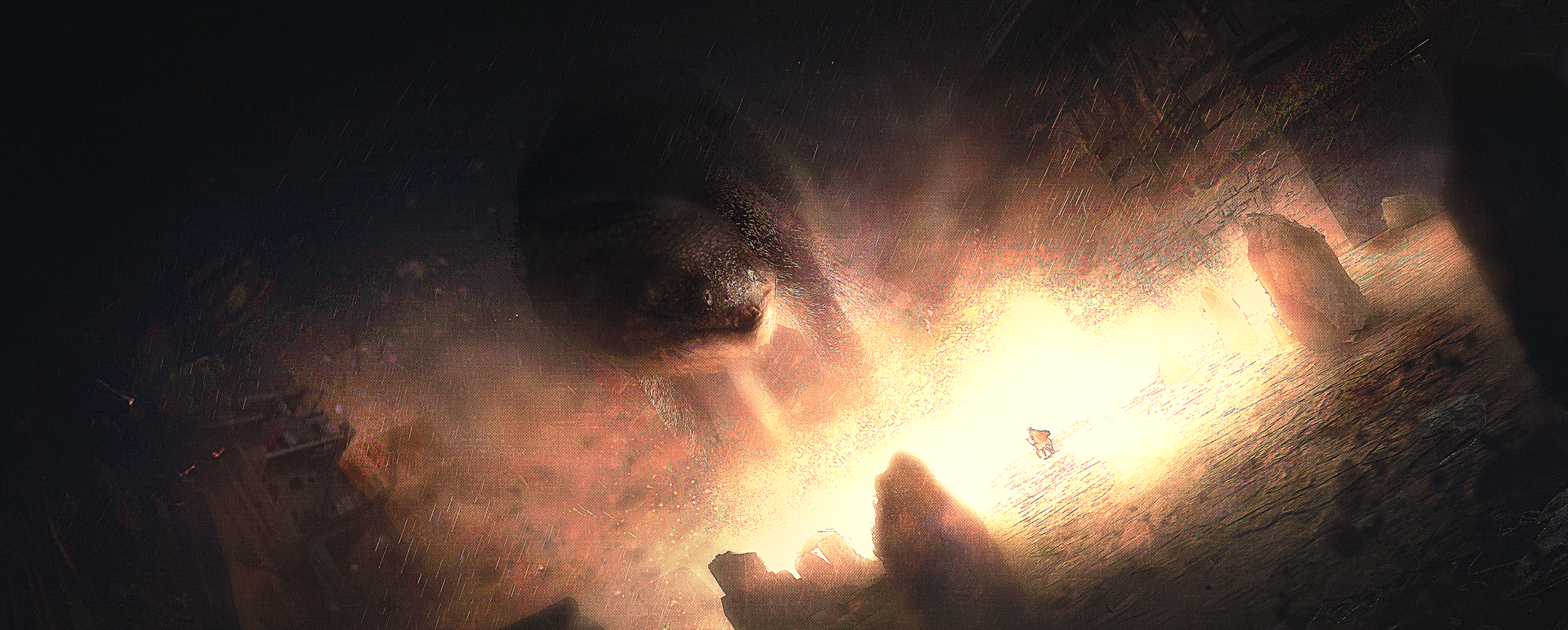 A giant creature, possibly a dinosaur, looks down on a small boat with a person during a lightning storm as the sun sets over a rugged coastline.