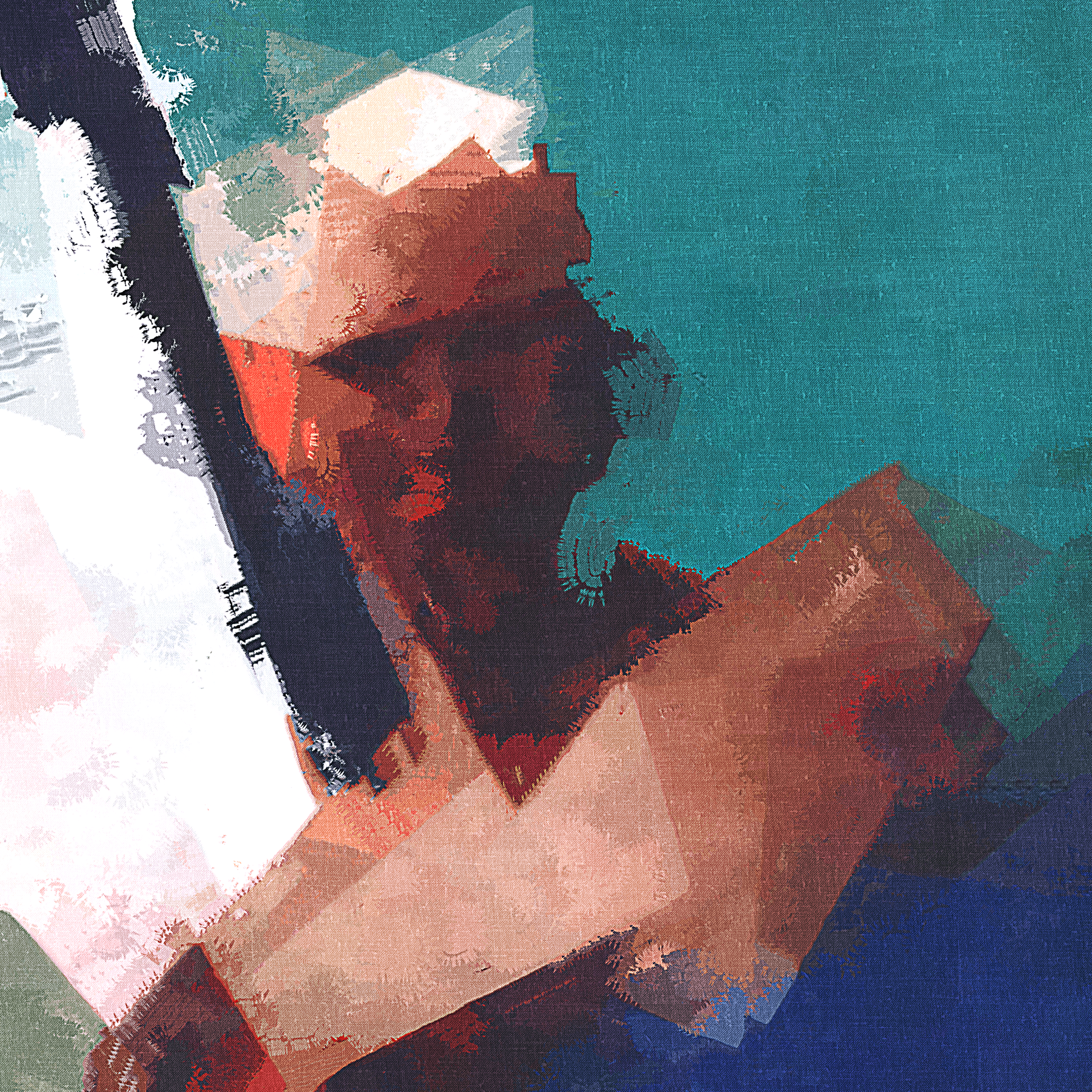 A stylized digital painting of a woman with dark curly hair, wearing glasses, holding an open book, with a background of abstract shapes and colors.