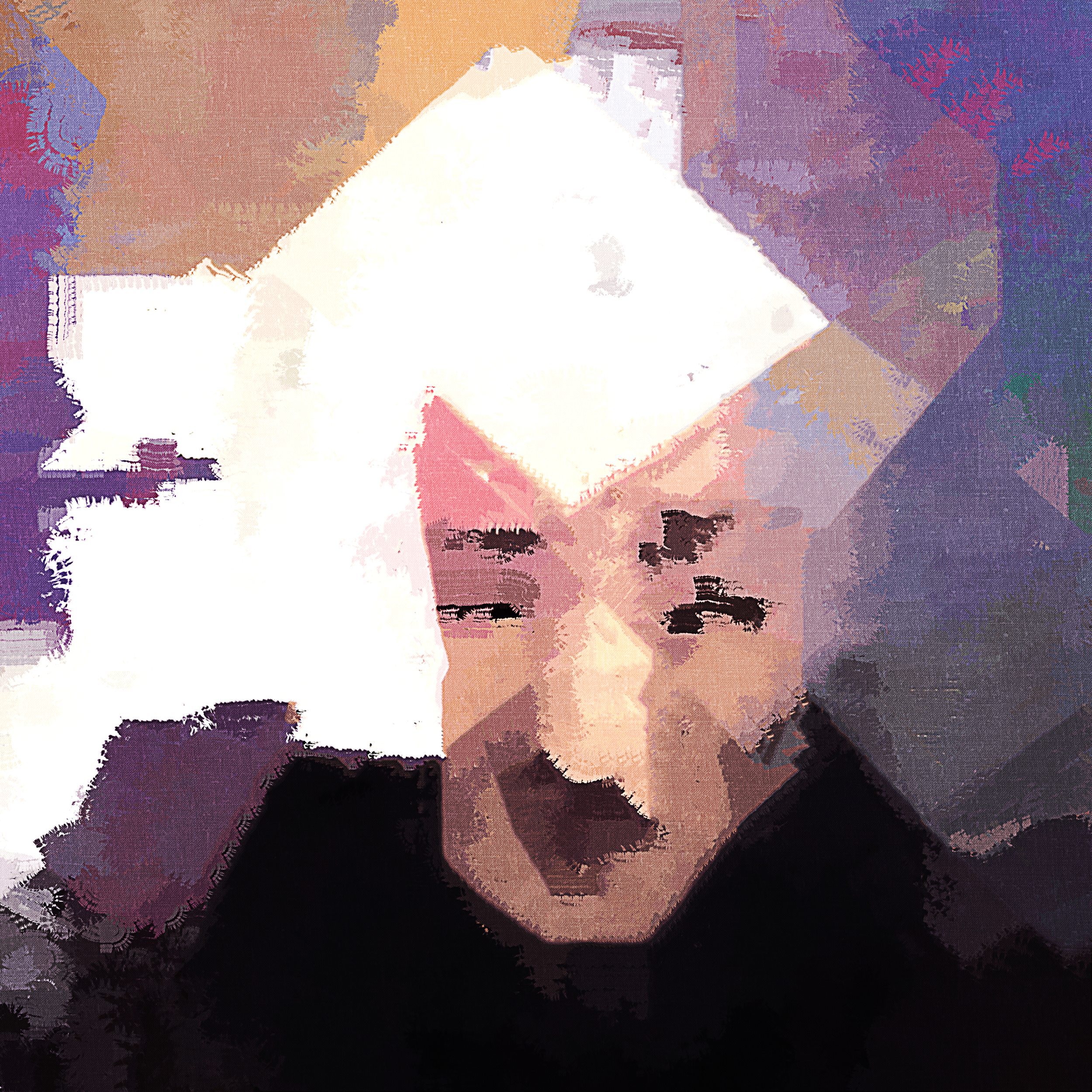 Abstract digital art portrait of a woman with a contemplative expression, surrounded by colorful geometric shapes.