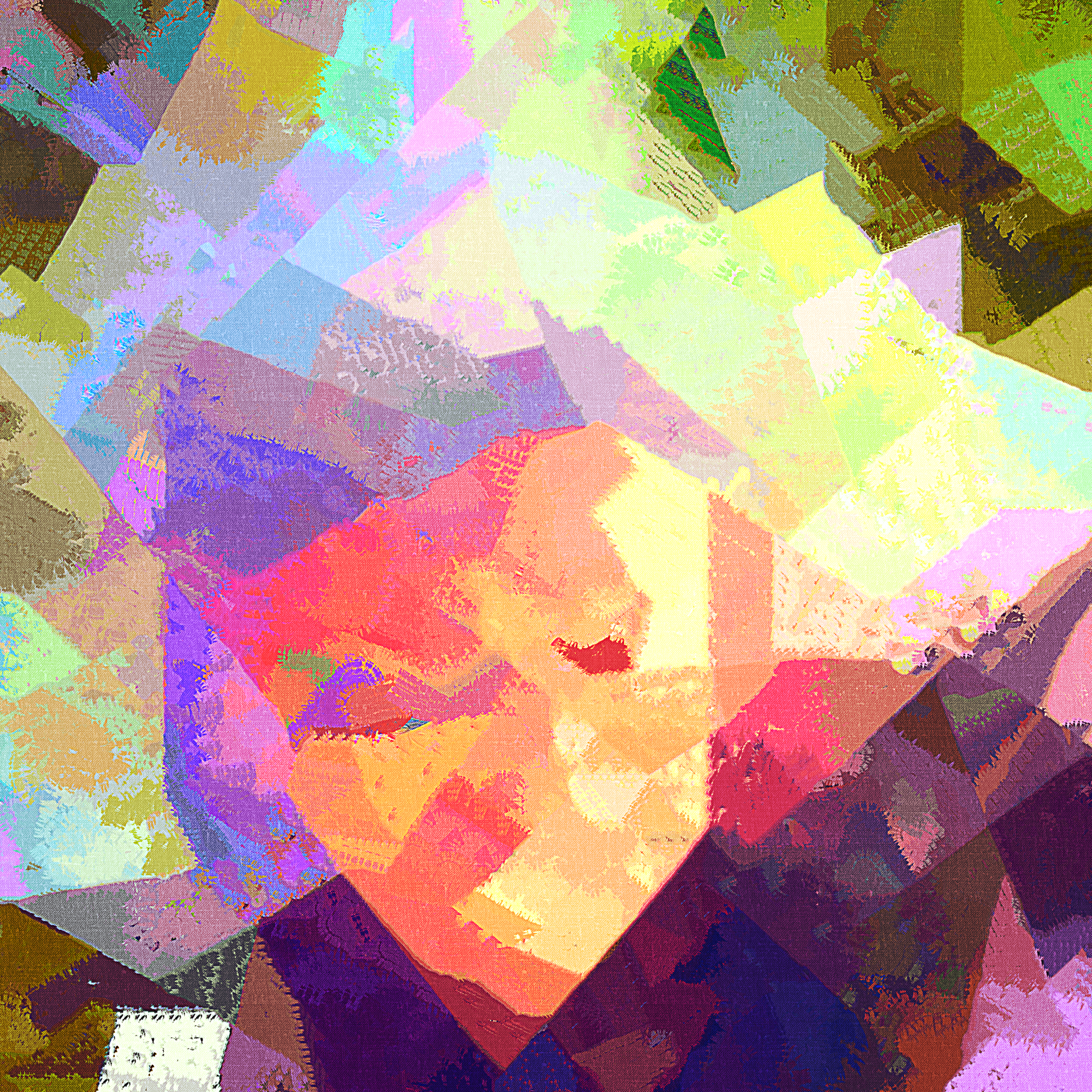 Abstract digital artwork featuring a stylized face of a woman with closed eyes and lips, created with colorful geometric shapes and vibrant pastel shades.