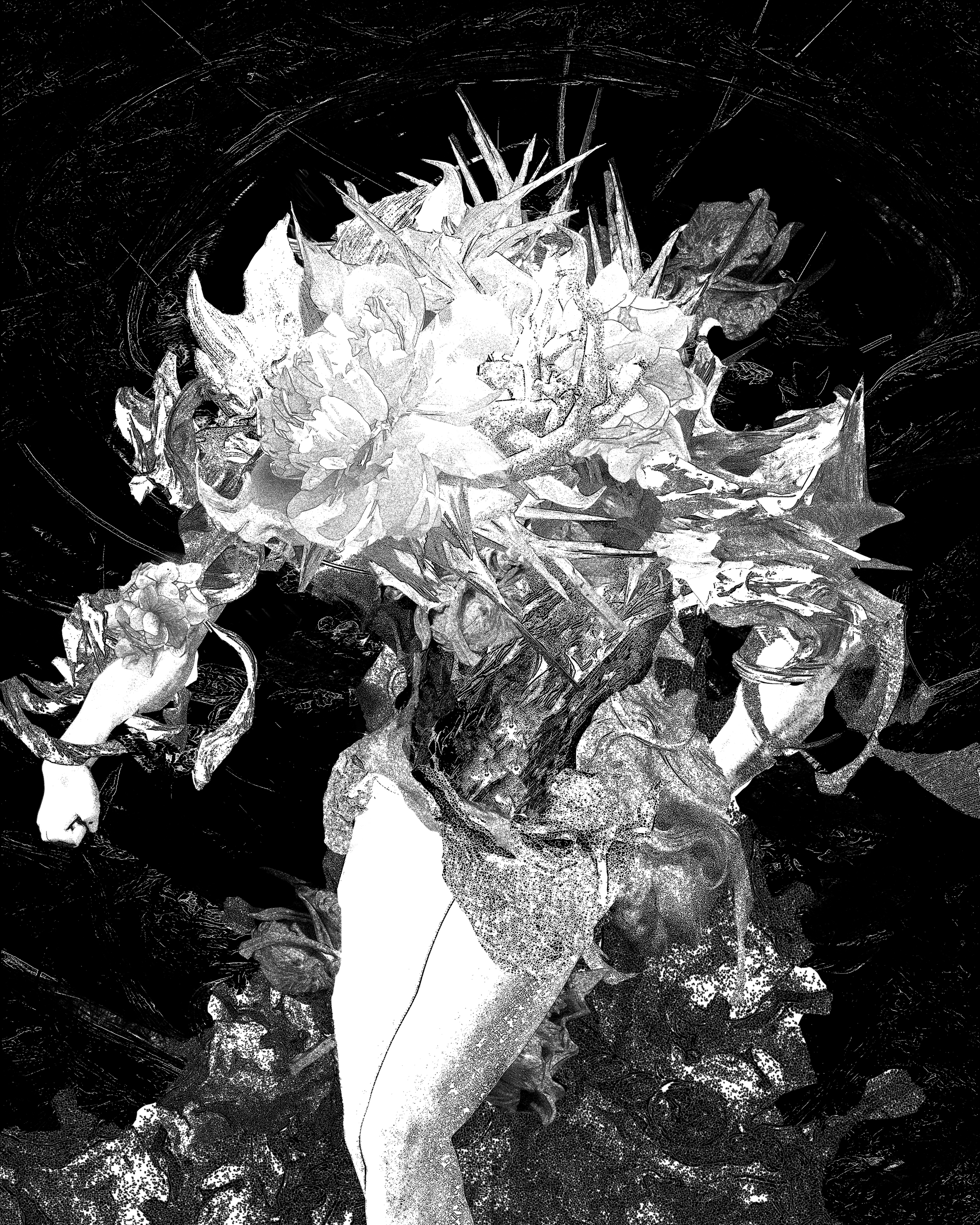 A black and white stylized image of a hand holding a glass vase with a large bouquet of flowers.
