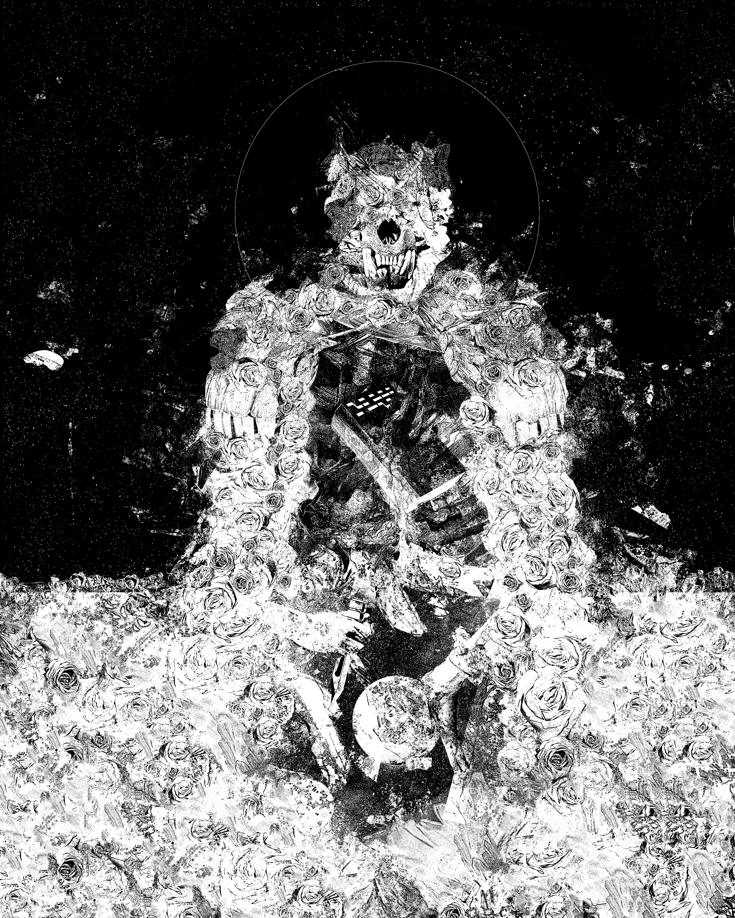 A black and white artistic rendering of a figure with a skull face, surrounded by roses, holding a sword and a mirror, with a dark starry background.