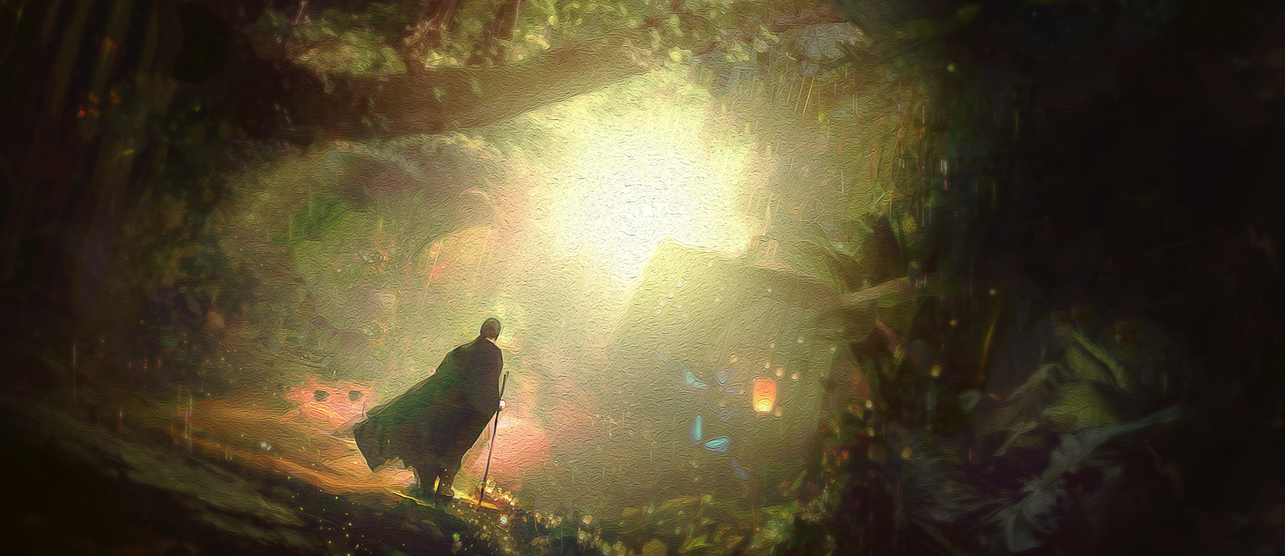 A person walking in a mysterious, glowing forest with a lit pathway and surreal, illuminated foliage.