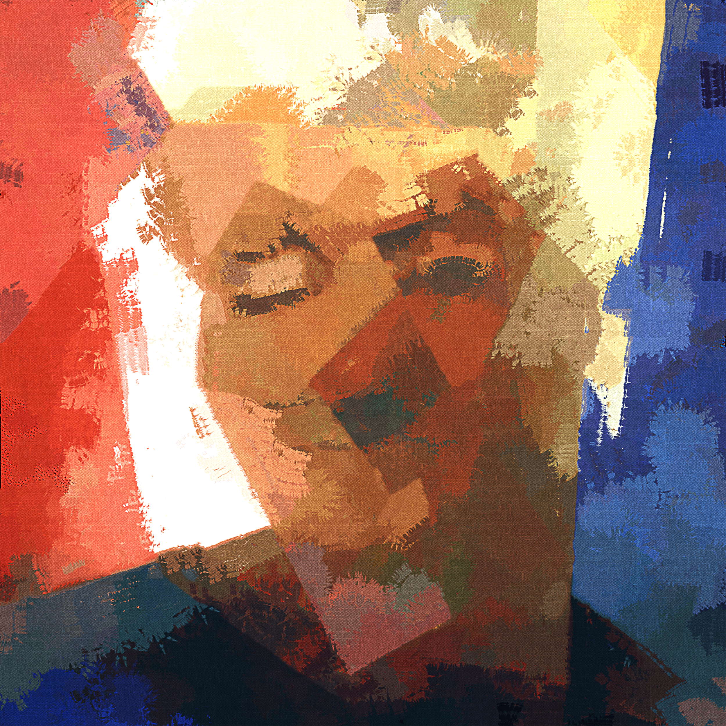 A digital abstract painting of a woman with short hair, eyes closed, and a serene expression, using geometric shapes and warm earth tones with accents of blue.