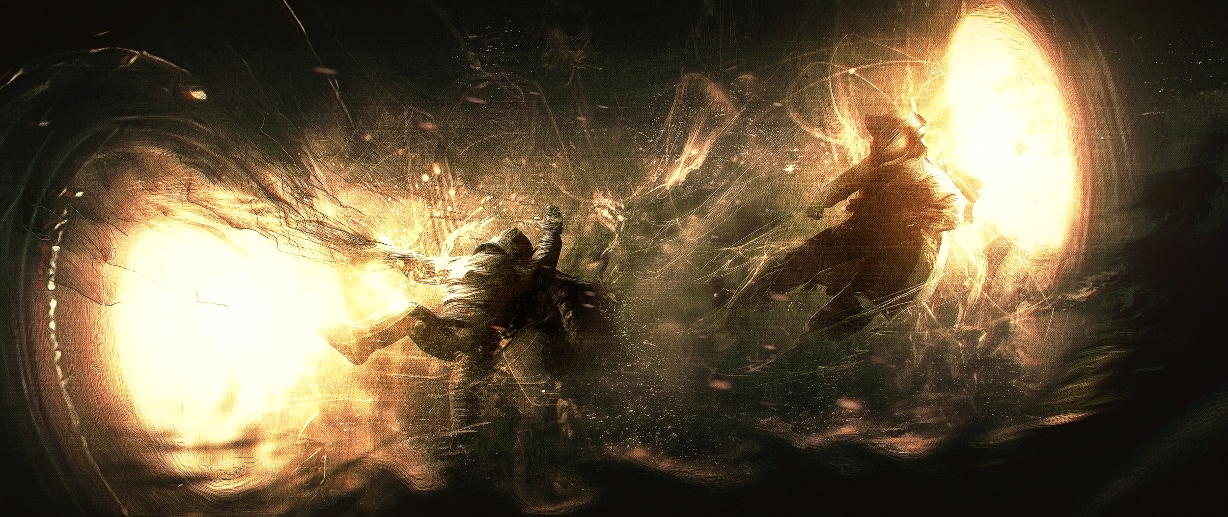 Two figures engaged in a high-energy, sci-fi battle against bright, fiery backgrounds with glowing effects and dynamic motion.