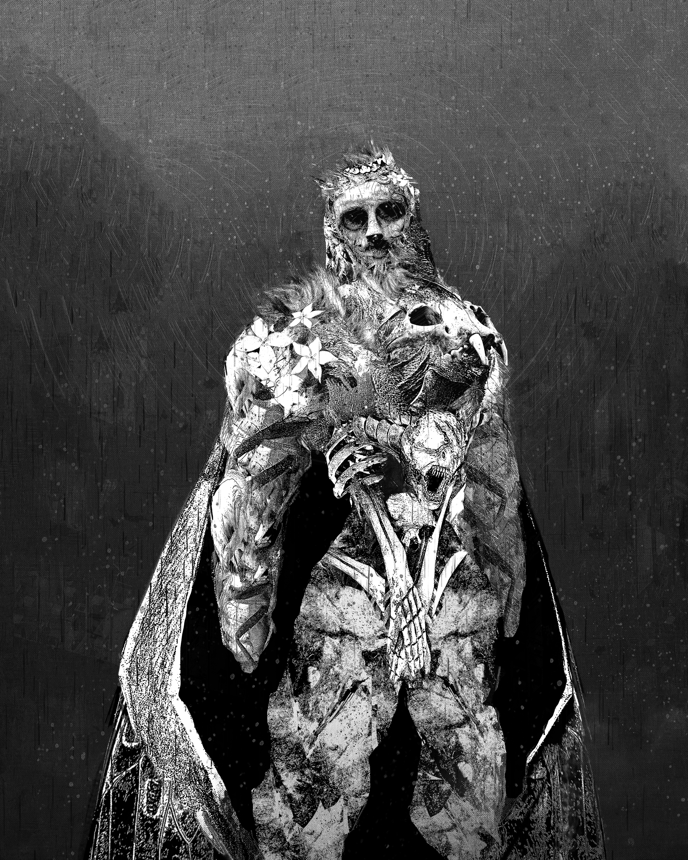Black and white illustration of a dark fantasy character with a skull face, armor, and tattered clothing, holding a staff, with a sinister and eerie background.