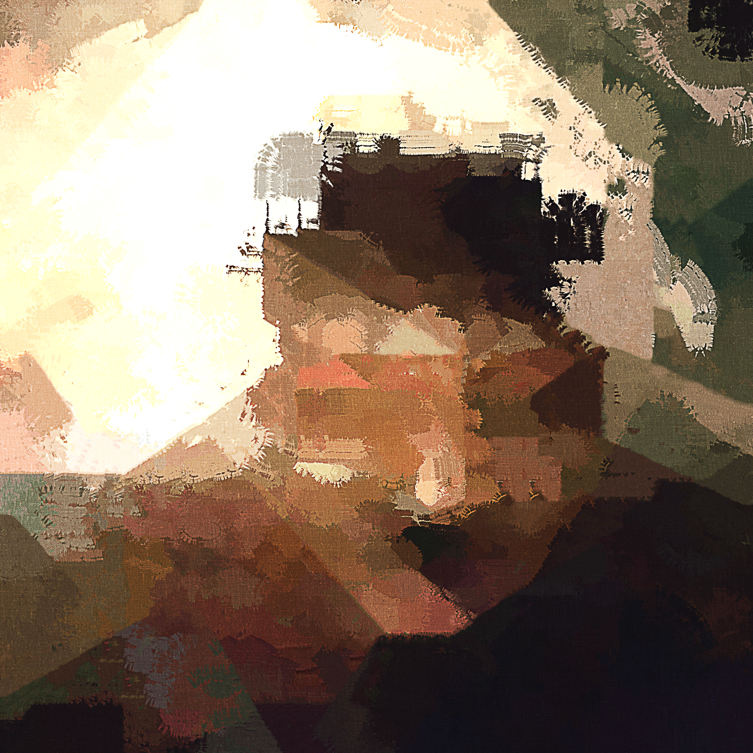 Abstract portrait of a person with short hair, wearing glasses, in front of a bright background.