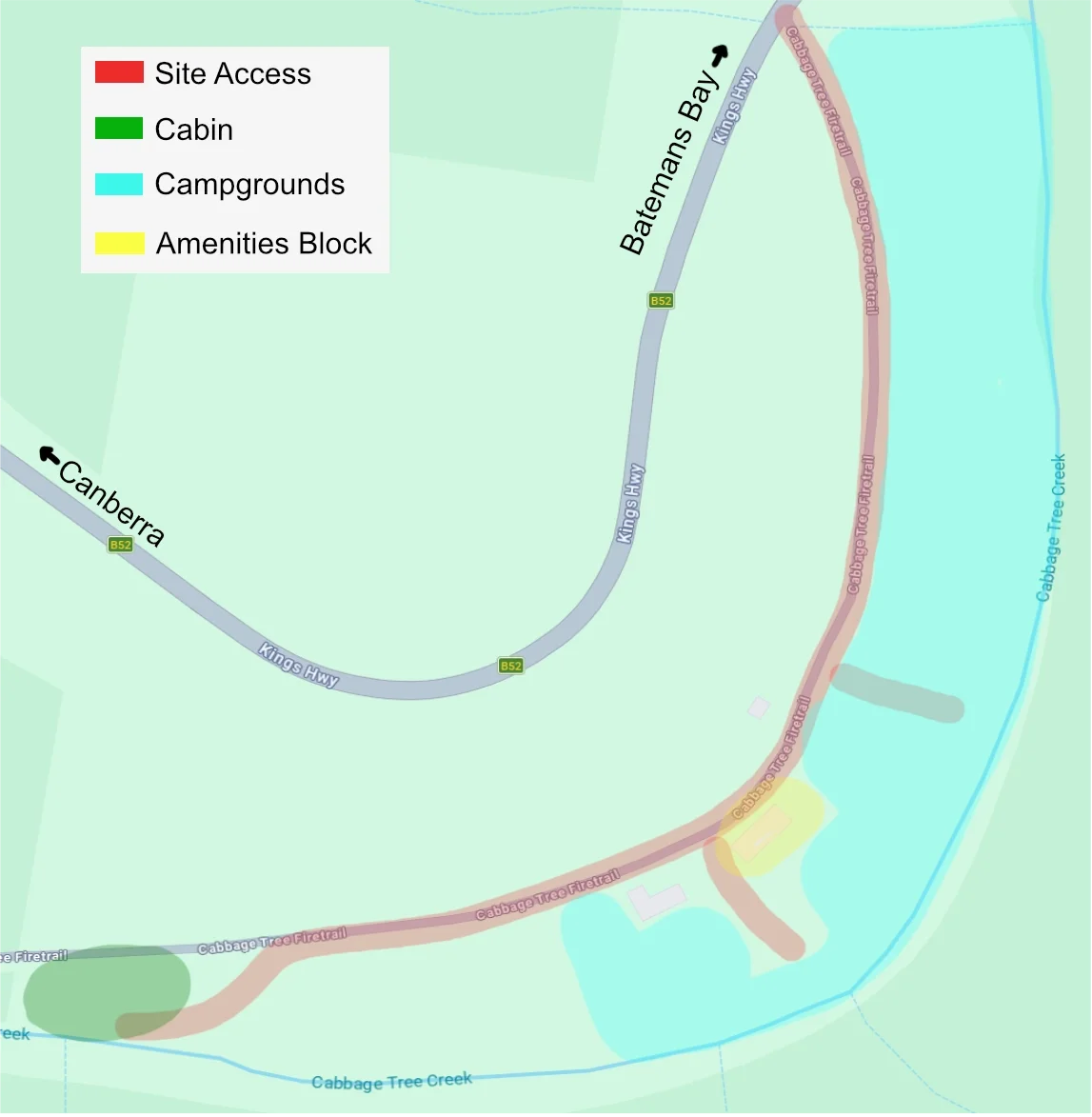 Map of campsite with legend indicating site access in red, cabin in green, campgrounds in blue, and amenities block in yellow; showing roads, creek, and trails.