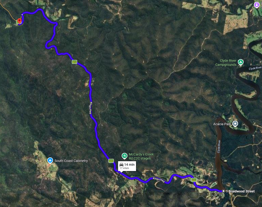 Map showing a route on Kings Highway B52 through a forested area, starting at 1 Braidwood Street and ending near a campground, with a travel time of 14 minutes covering 17.4 km.
