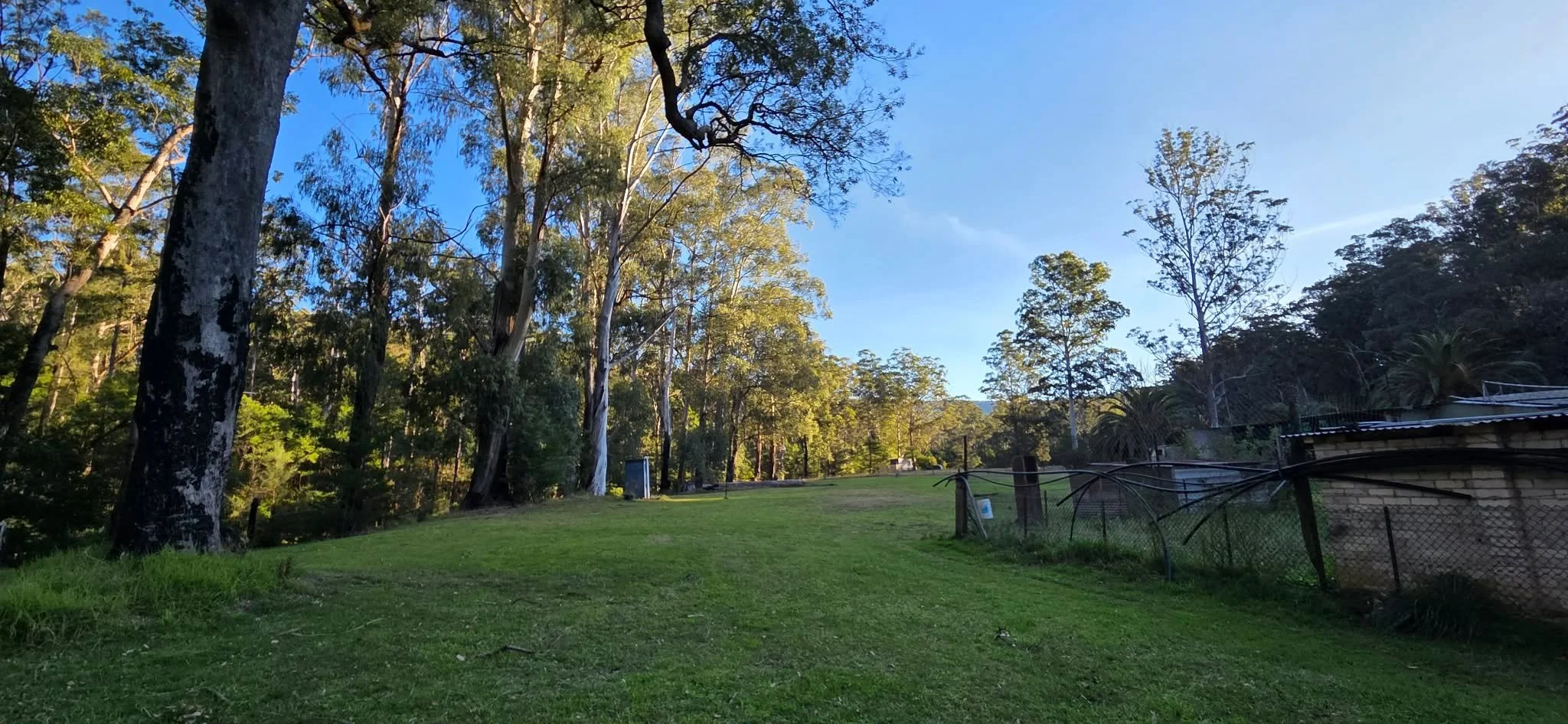 Wide green lawn and trees at Riverdell Farmstay, suitable for small gatherings.