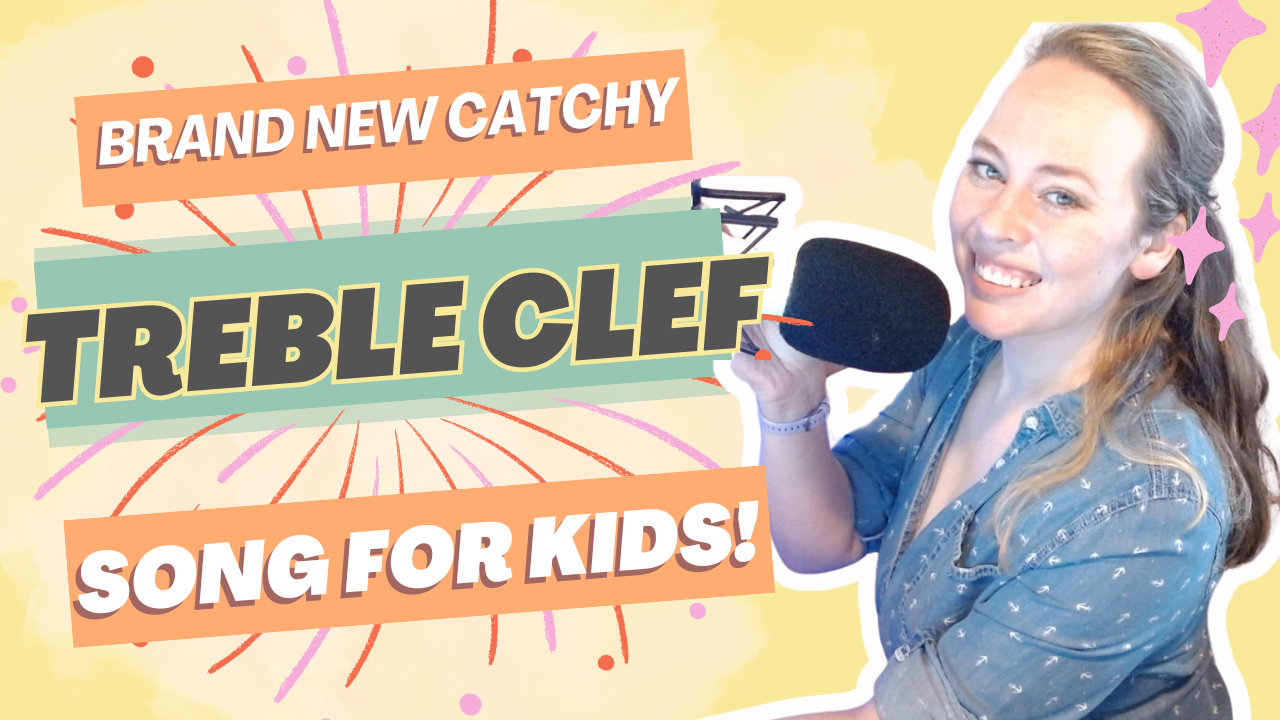 A smiling woman with long wavy hair holding a microphone, with colorful text and background indicating a kids' song about a brand new catchy treble clef.