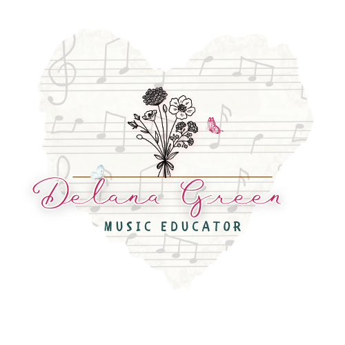 Logo featuring musical notes, a bouquet of flowers, and a butterfly, with the text 'Delana Green Music Educator'.