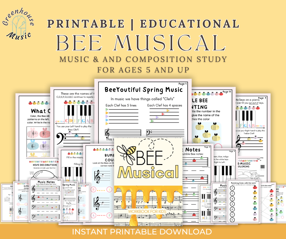 Cover page and sample pages of a printable educational bee musical workbook for children aged 5 and up, including activities like reading musical notes, rhythm exercises, and bee-themed decorations, on a yellow background.
