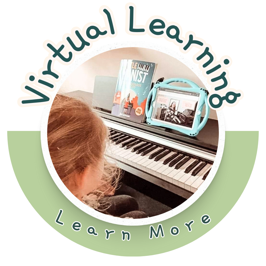 A child learning to play the piano, with a music book and a tablet on the piano, surrounded by a circular frame with the text 'Virtual Learning, Learn More'.