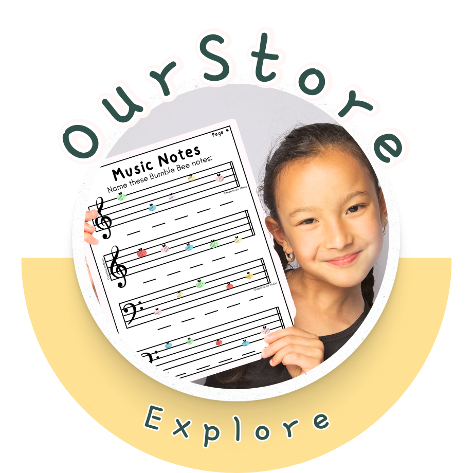 A smiling young girl holding a sheet of music with colorful notes, surrounded by text that reads 'Our Story' and 'Explore'.