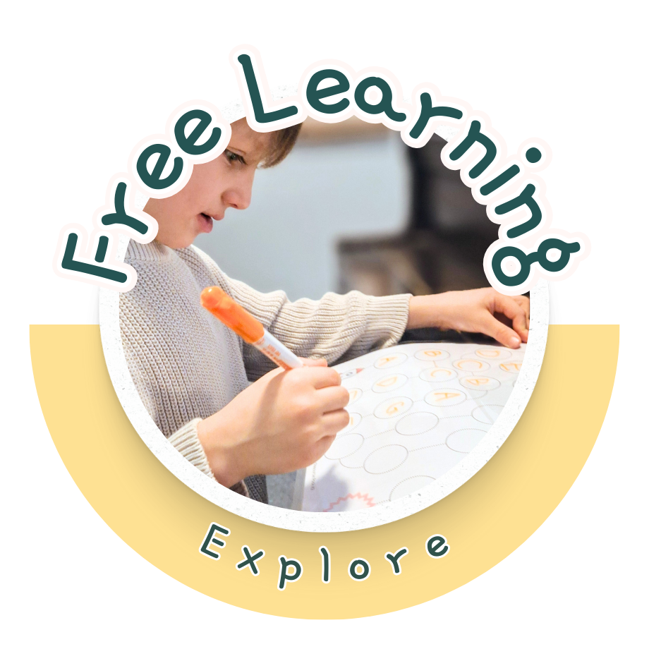 Child with short hair writing and drawing on a worksheet with a marker, with the words "Fee Learning Explore" in a circular design around the photo.