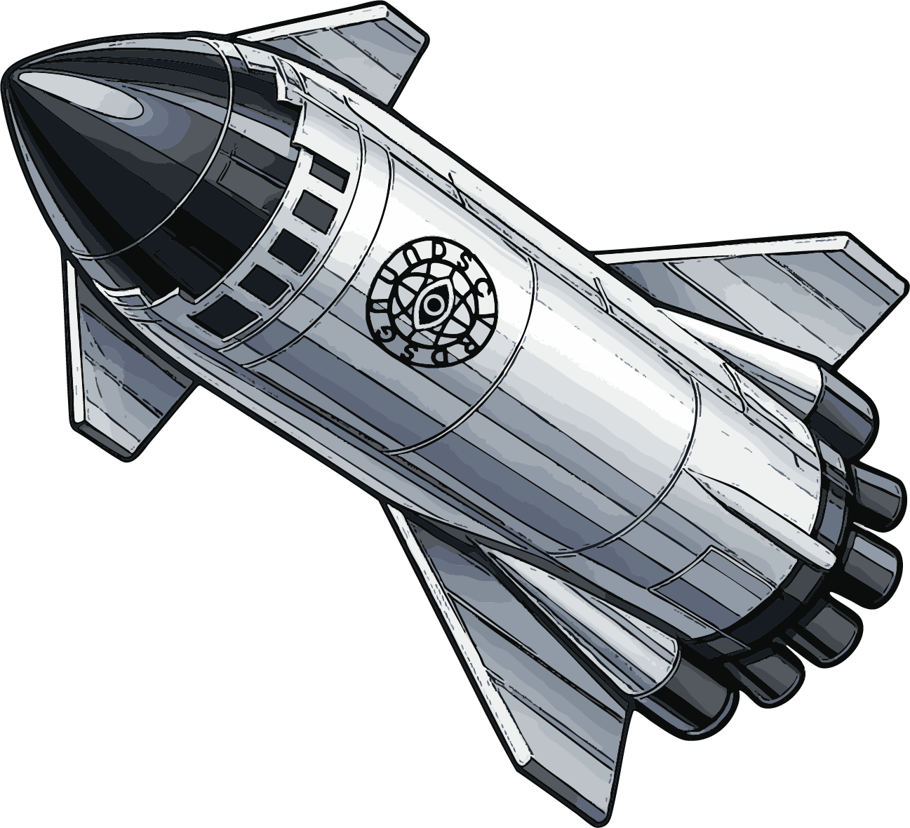 A detailed illustration of a space shuttle with black and white exterior and rocket engines at the rear.