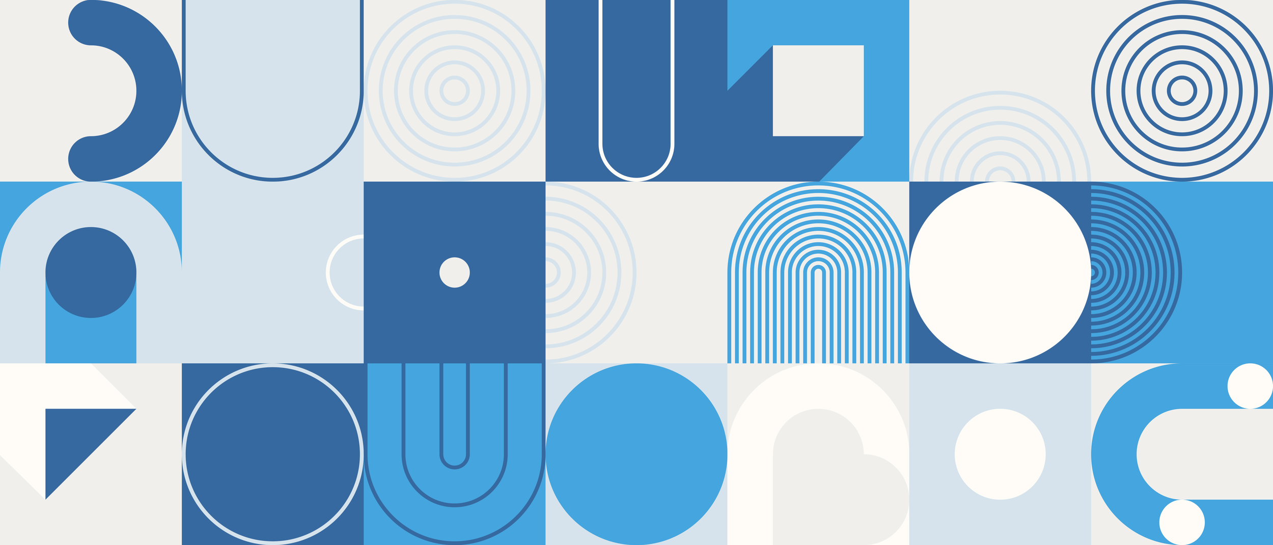 Abstract geometric artwork with various shades of blue, white, and gray, featuring circles, squares, and patterns.