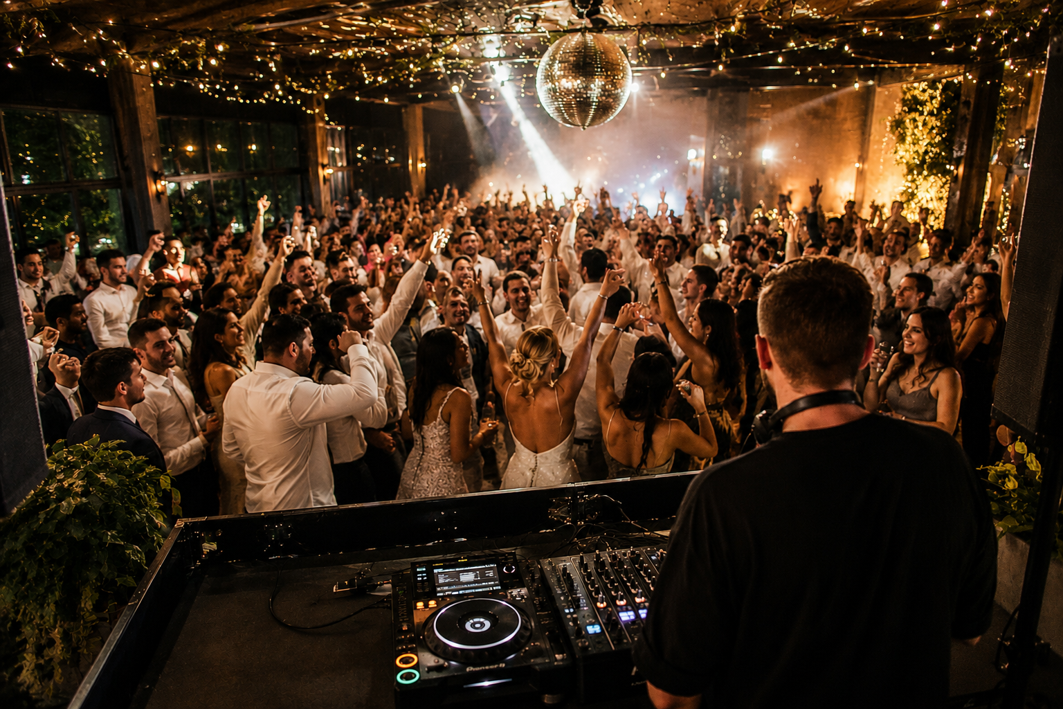 A DJ playing for a packed dancefloor at a wedding in Sydney