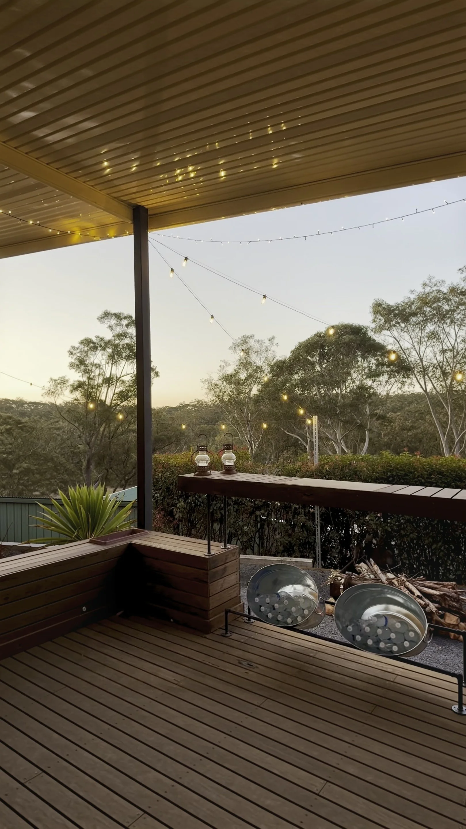 Covered terrace overlooking the countryside at a rural engagement party