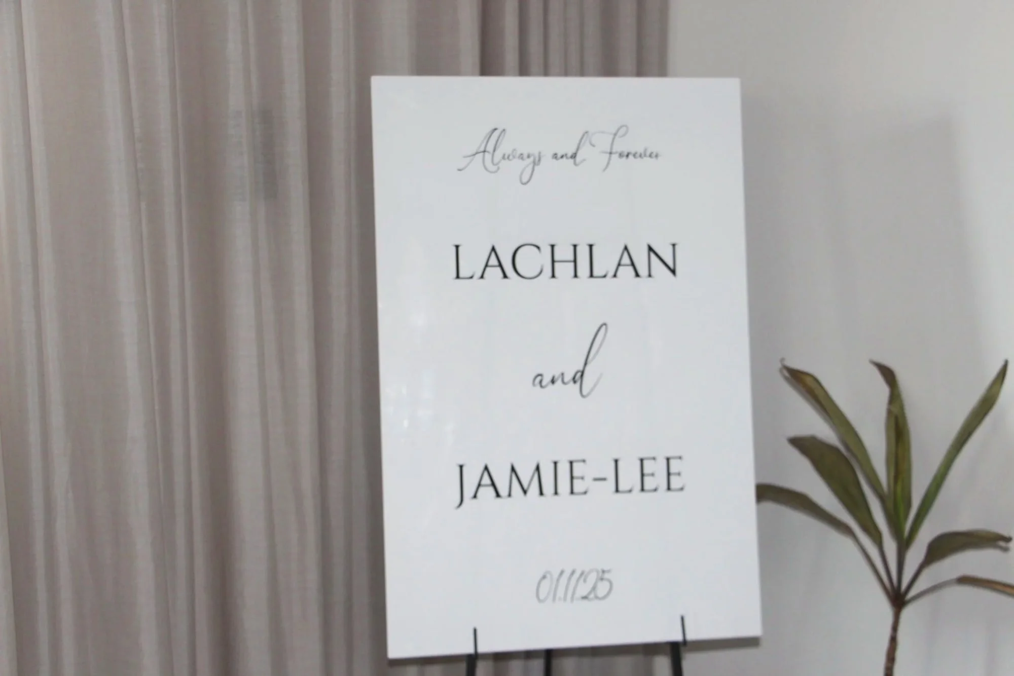 Engagement party welcome sign on an easel beside a potted plant