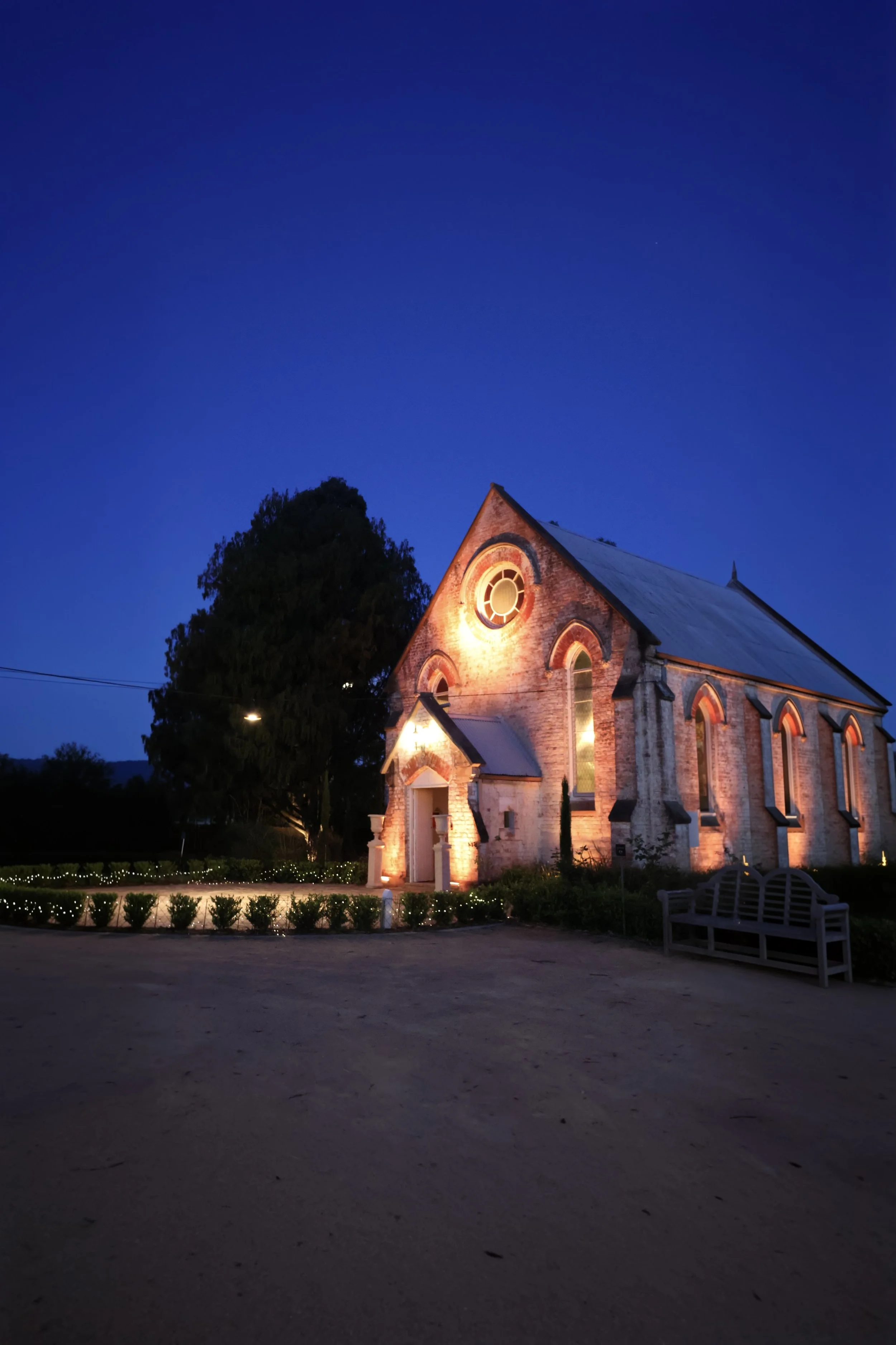 Lords Estate Heritage chapel lit up at dusk on a Sydney wedding day