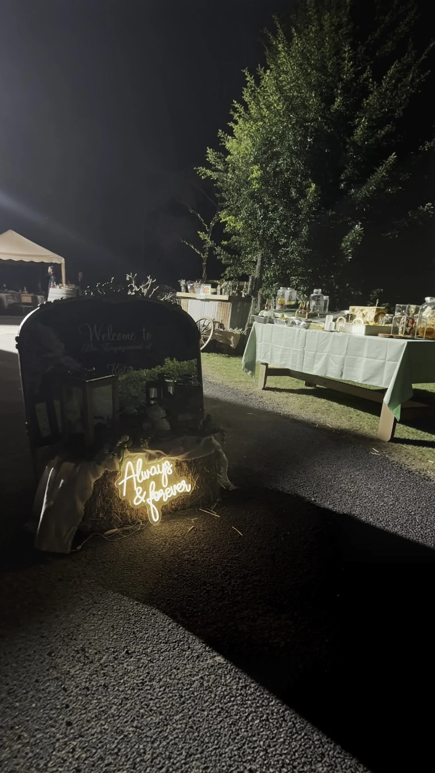 Evening garden setting at a rural engagement party