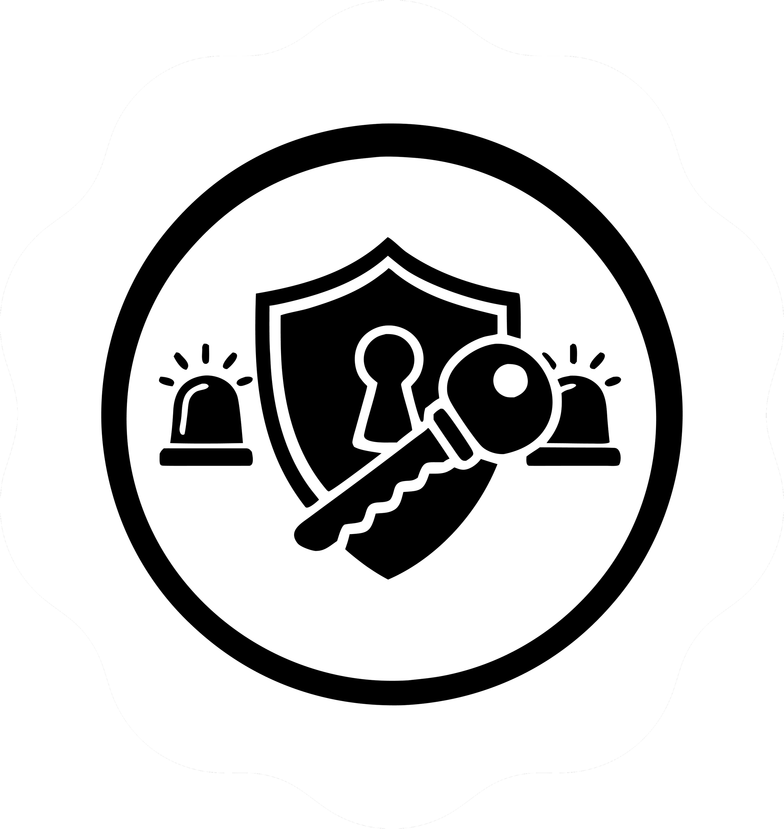 Icon of a security badge with a shield, a key, and alarm lights, symbolizing security or protection.