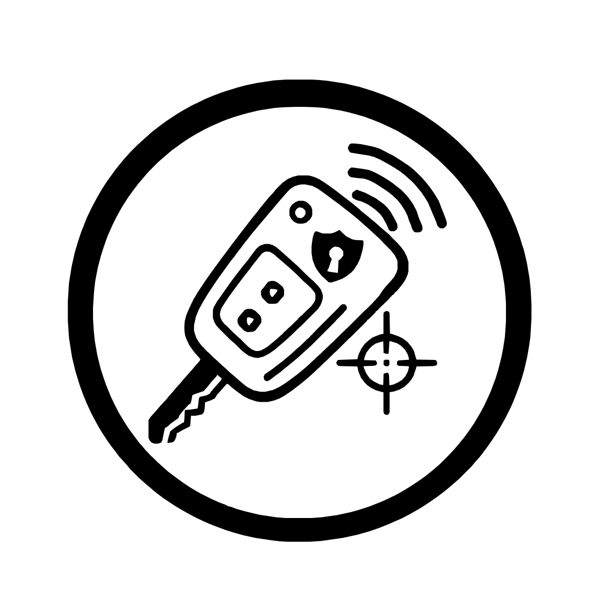 Line drawing of a car key fob with radio signals and a target crosshair.