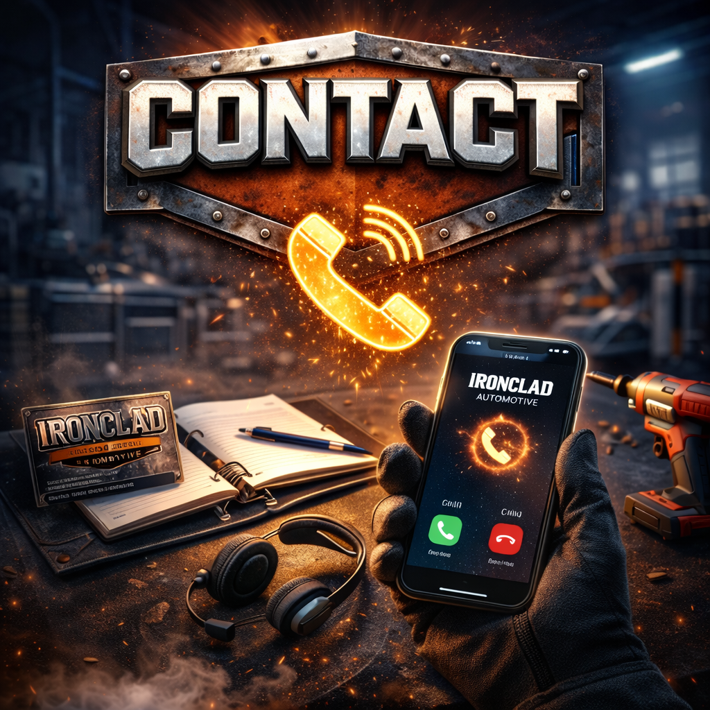 A digital graphic with the word "CONTACT" in large letters, a glowing orange phone icon, a smartphone showing an incoming call from "IRONCLAD AUTOMOTIVE," a screwdriver, headphones, a notebook with a pen, a business card for IRONCLAD, and a blurred workshop background.