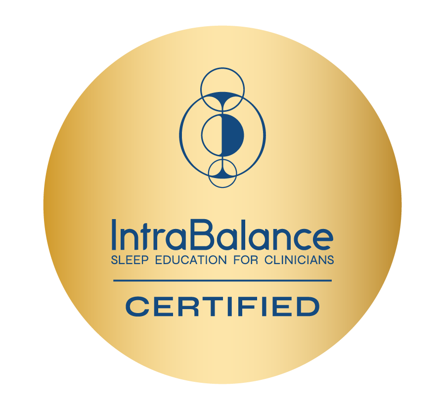 IntraBalance Certified sleep education for clinicians logo with a stylized abstract icon of a person or sleep cycle in blue and gold colors.