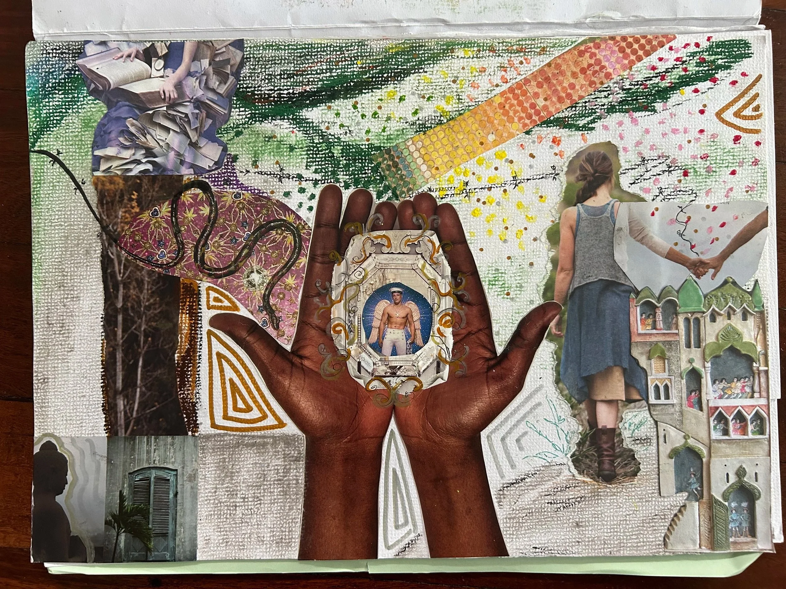 collage and crayon artwork. Various images, including open hands holding a male with wings, a snake and the back of a female person