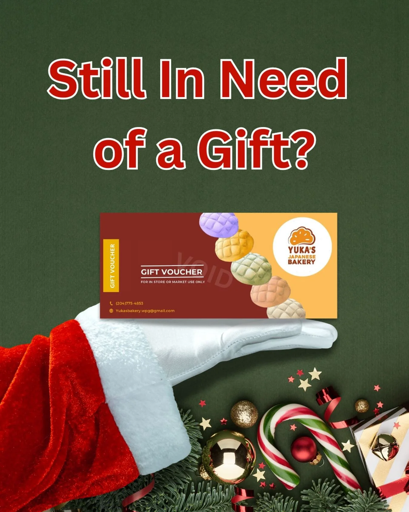 Looking for a gift this Christmas? 

Why not give a Gift Voucher/Certificate to Yuka&rsquo;s Bakery, available in $10, $25, &amp; $50 denominations. 

Get yours today and give the gift of Japanese baked goods. 

#winnipegchristmas #winterpeg🇨🇦❄️ #w