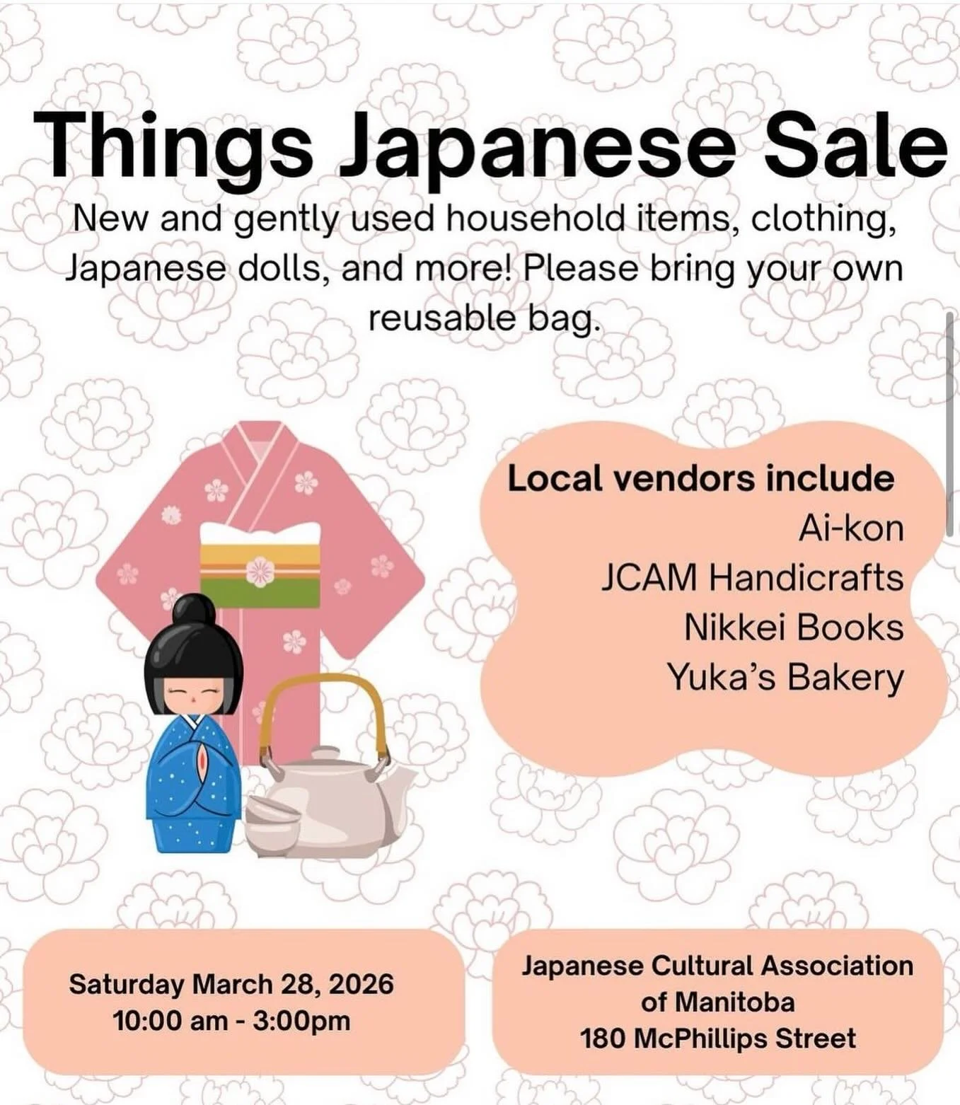 🌸✨ Japanese Things Sale Event ✨🌸

We are so excited to be part of this special Japanese community event! 🇯🇵

Come explore Japanese treasures, culture, and delicious food all in one place! You will find:

🪭 Japanese household items
👘 Clothing &a