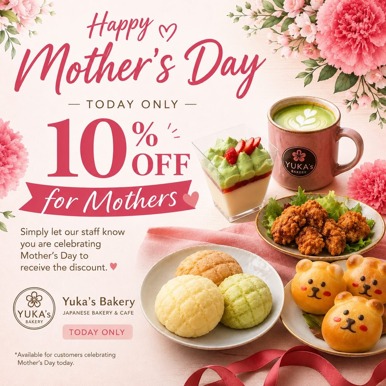 🌸 Happy Mother&rsquo;s Day from Yuka&rsquo;s Bakery 🌸

Today only, we would love to celebrate all the amazing moms with a special gift 💕
✨ 10% OFF for Mothers today only ✨

Whether you are a mom, grandma, mother figure, or celebrating with family,