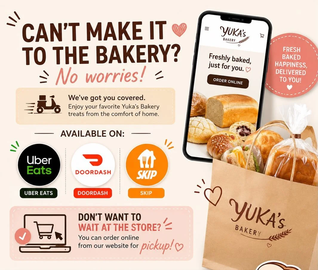 📱 Order Your Favorites Online!
🚗 Uber Eats &bull; DoorDash &bull; Skip
🛍️ Order ahead on our website for pickup
⏰ Skip the wait and enjoy fresh Japanese baked goods anytime! ❤️🍞✨

🍞 Can&rsquo;t make it to the bakery today?

No worries! You can e