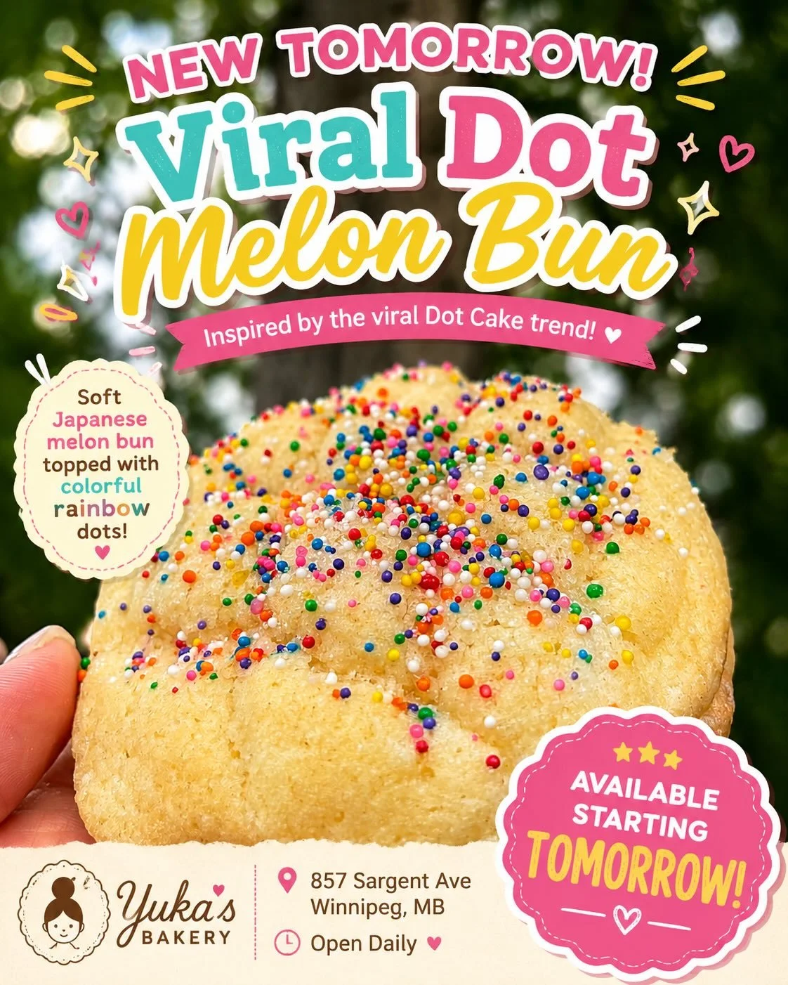 ✨ NEW TOMORROW ✨

You&rsquo;ve seen the Viral Dot Cake all over social media&hellip; 👀

Now we&rsquo;ve turned the trend into something even better! 💕

🌈 Viral Dot Melon Bun 🌈

Our fluffy Japanese melon bun is topped with colorful rainbow dots fo