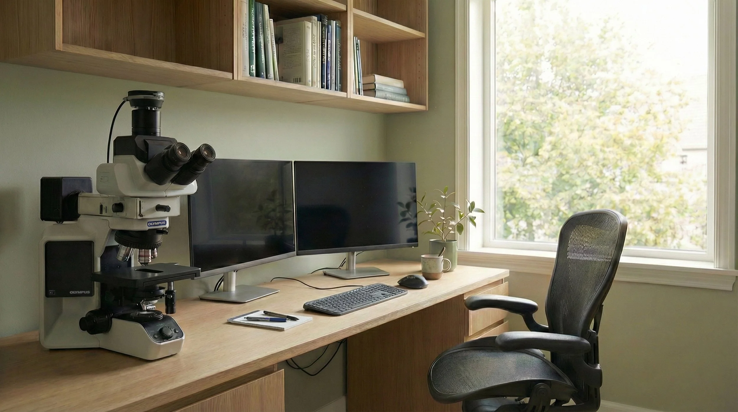 Office workspace with microscope and computer monitors