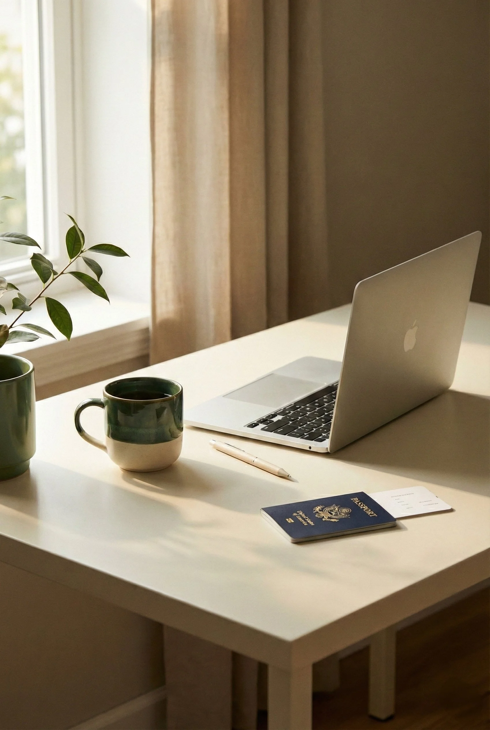 Desk with laptop, mug, passport, and plant
