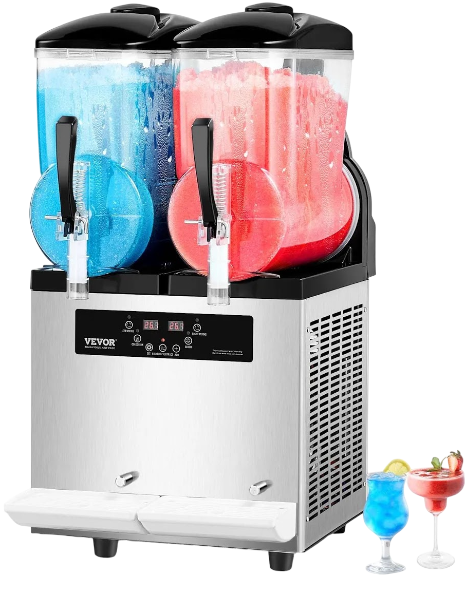 Machine à granita avec deux réservoirs, un contenant de glace bleue et un cocktail de glace rose à côté.