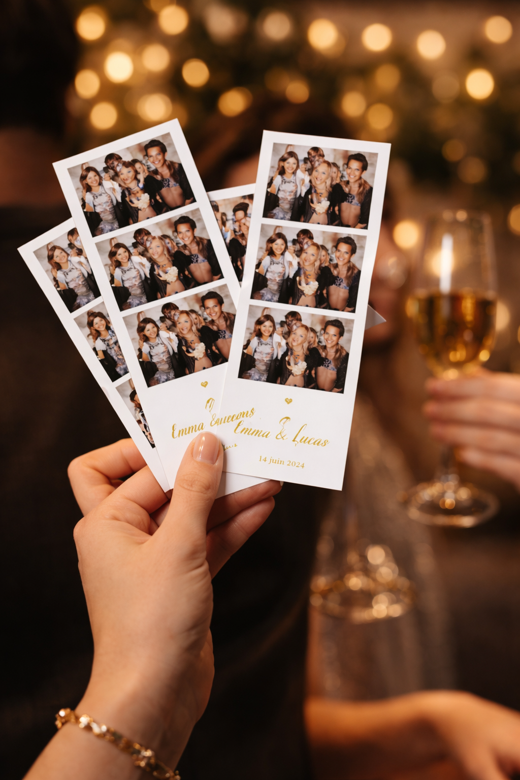 Groupe de photos instantanées de personnes souriantes lors d'une célébration, avec un fond lumineux flou. Le texte sur les photos indique « Emma & Lucas » et la date « 14 juin 2024 ».