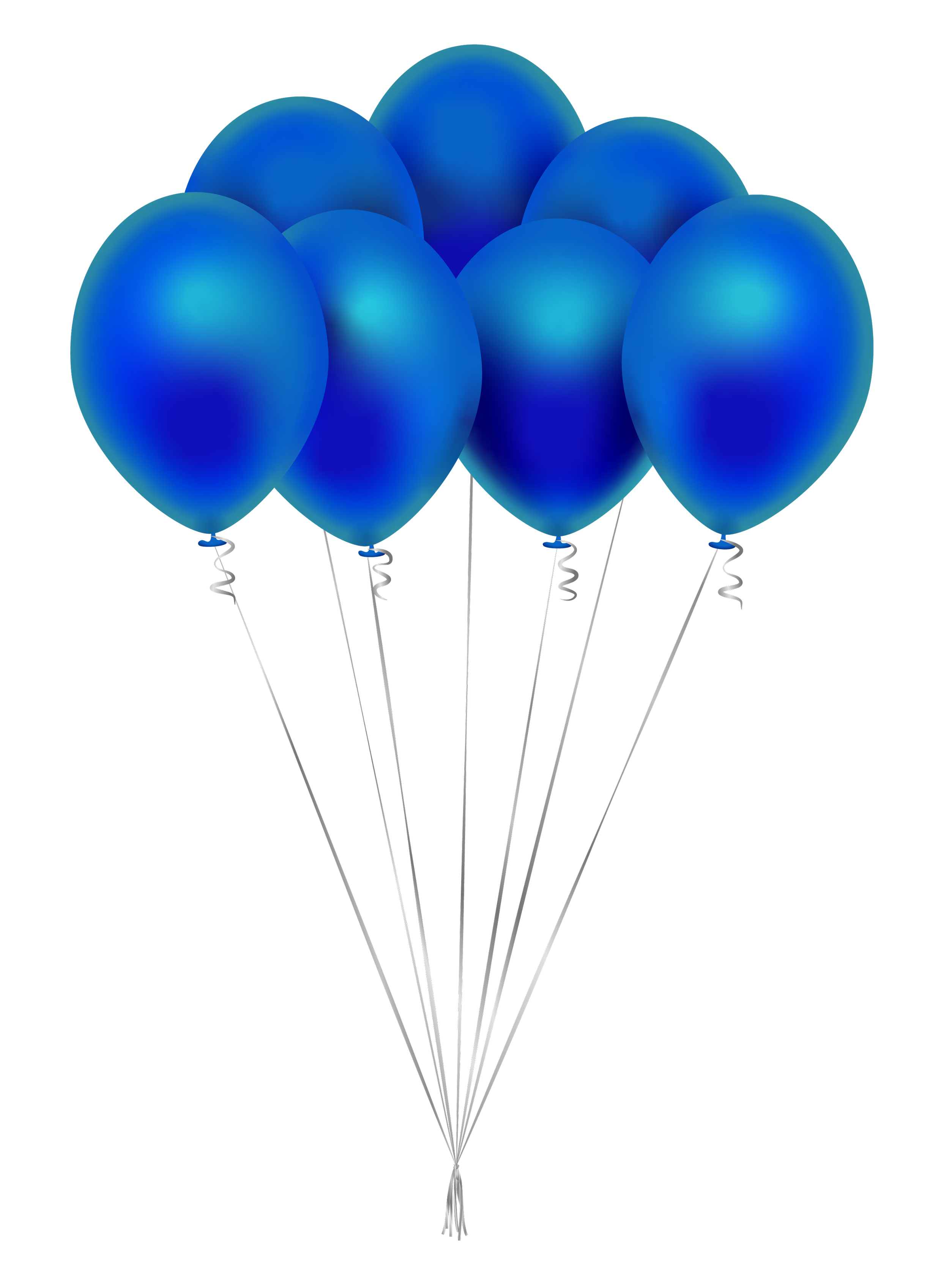 Groupe de sept ballons bleus attachés ensemble, flottant dans le vide contre un fond noir.