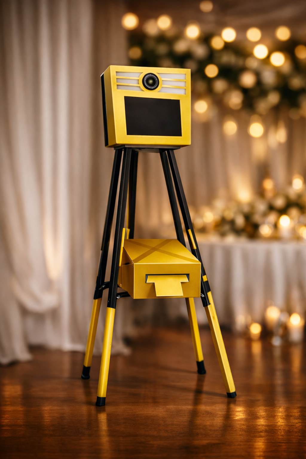 Une cabine photo vintage jaune sur un trépied dans un espace intérieur avec lumières et décorations chaudes.