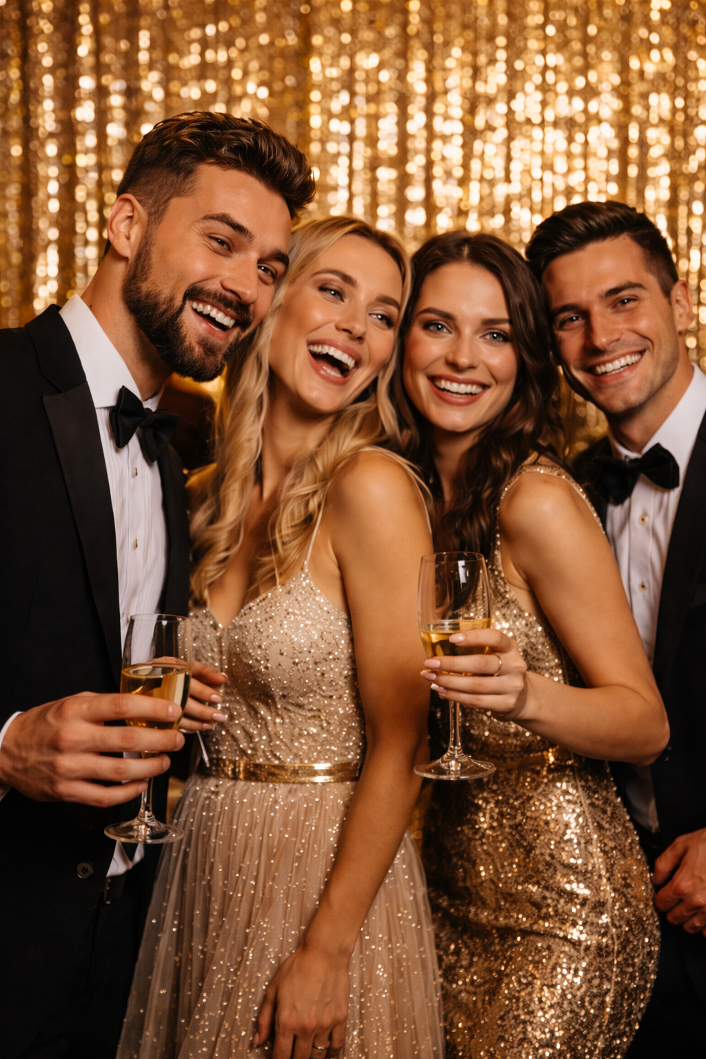 Célébration de fête avec quatre personnes habillées élégamment, tenant des verres de champagne, devant un fond doré scintillant.
