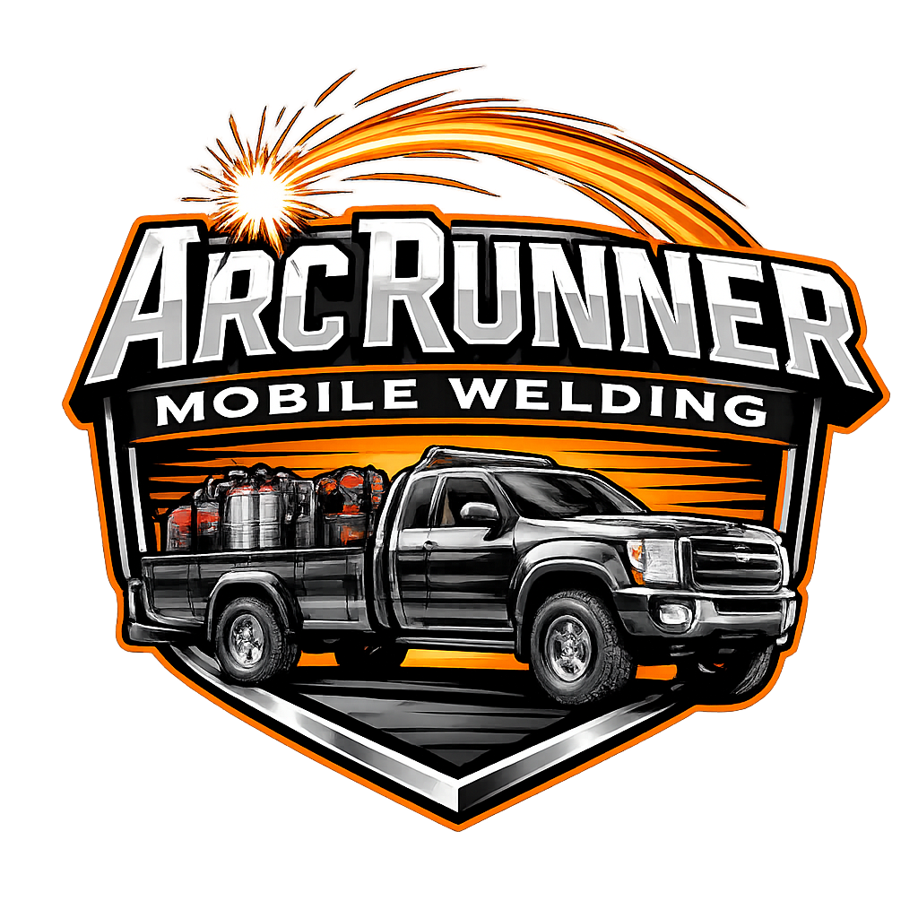 Logo for ARCRUNNER Mobile Welding featuring a black pickup truck with welding tanks in the truck bed, with an orange and white fireworks splash and stylized text.