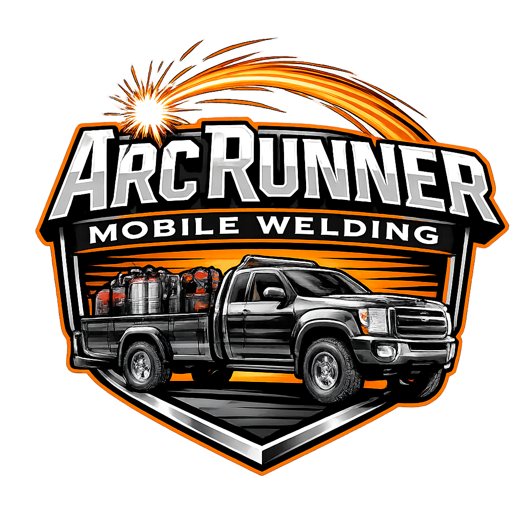 Logo for Arcrunner Mobile Welding featuring a black pickup truck carrying welding tanks, with a burst graphic and orange and black color scheme.