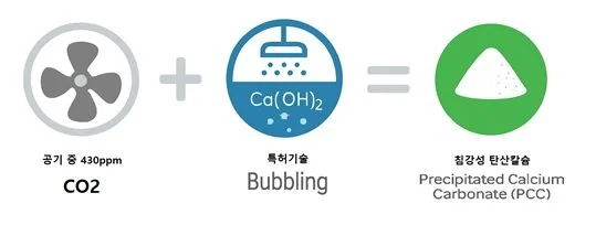 Diagram showing that 430 ppm CO2 plus bubbling technology results in precipitated calcium carbonate.