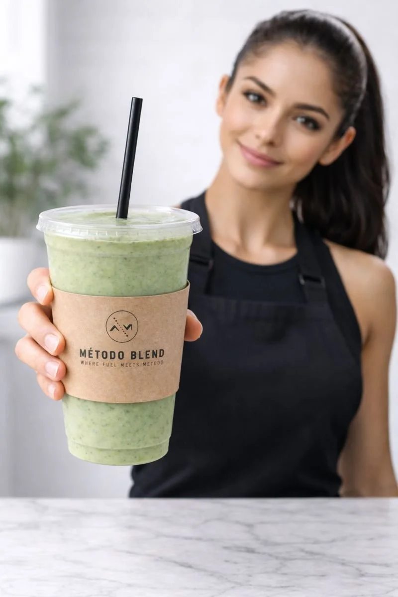 A woman with dark hair and a black top is holding a green smoothie in a clear plastic cup with a black straw and a brown paper sleeve that reads 'MÉTODO BLEND' while smiling at the camera.
