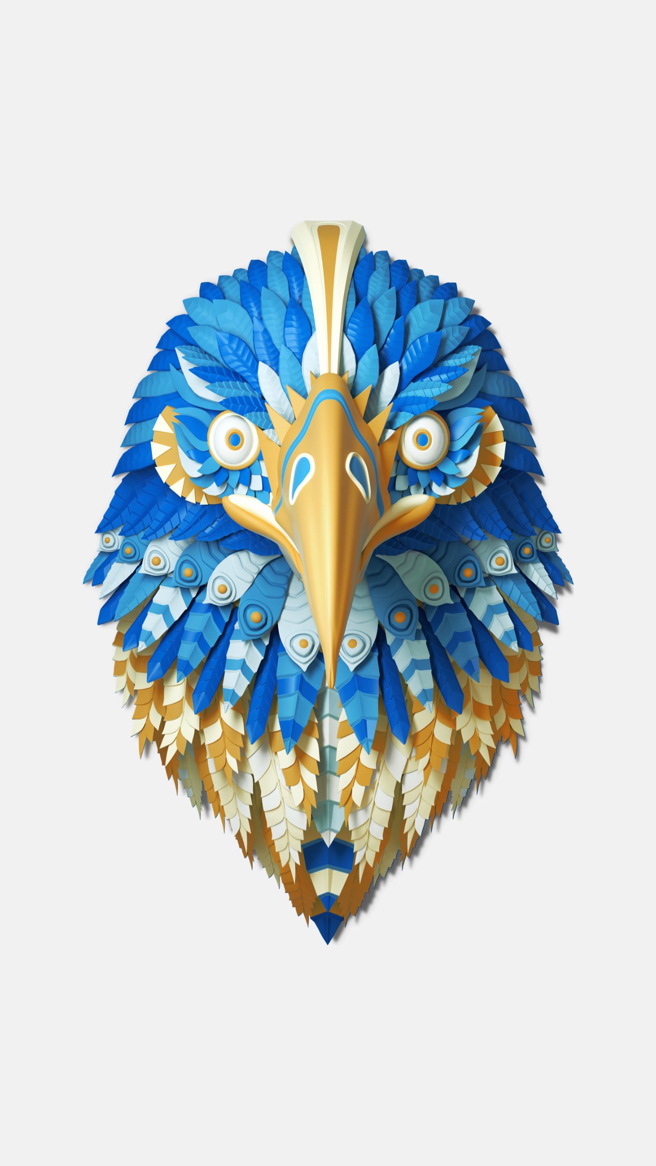 A colorful, stylized peacock head made from layered paper or digital cutouts in shades of blue, gold, white, and cream.