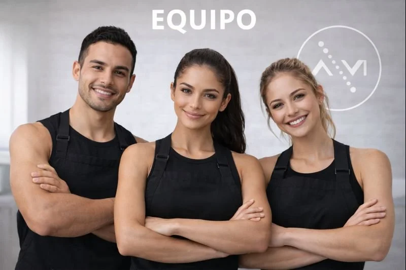 Three smiling team members standing with arms crossed, wearing black aprons inside a modern kitchen, with the word 'EQUIPO' above them.